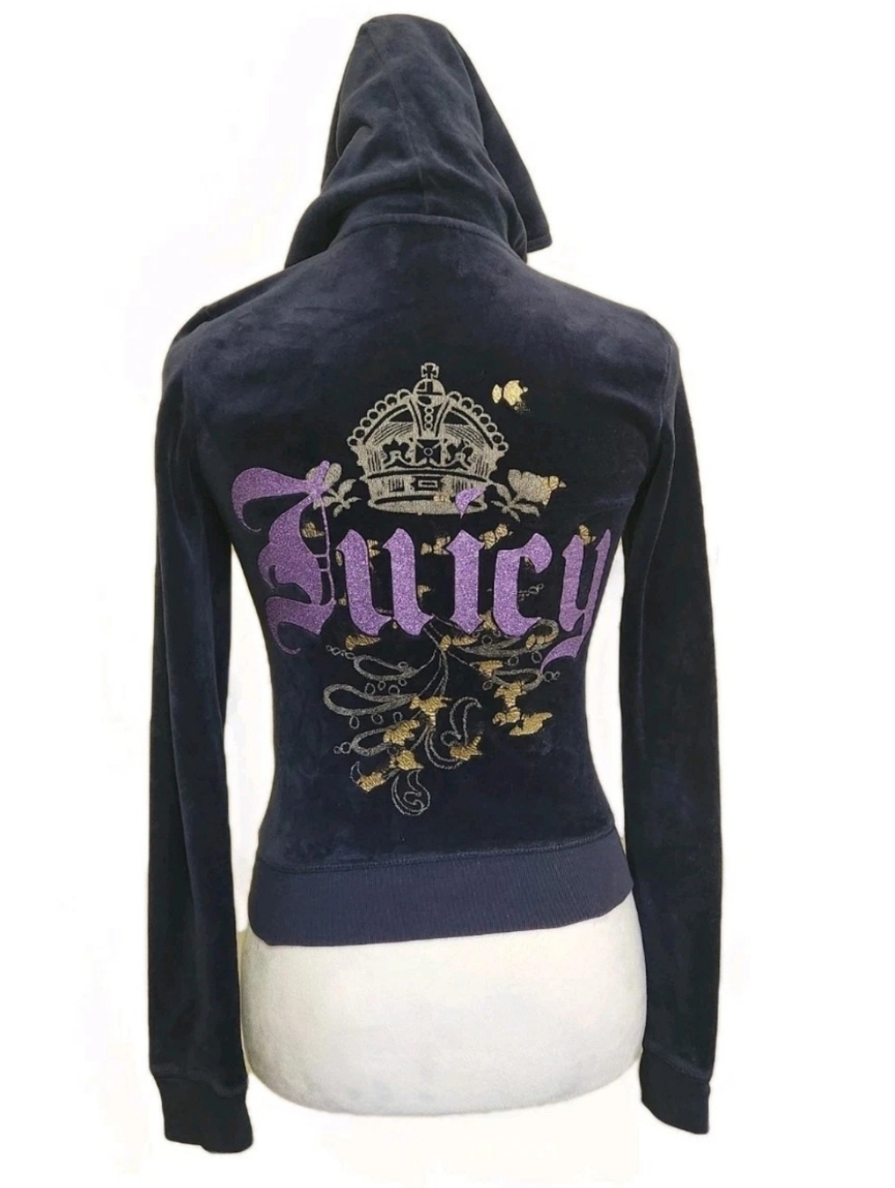 Juicy Couture Velour Hoodie Jacket Women Size Petite (XS) Navy Blue Purple Bling